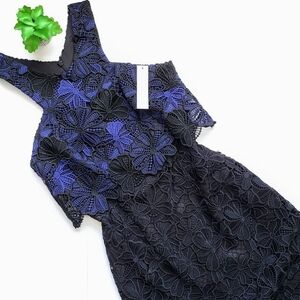 Trina Turk Miranda Blue Black Guipure Lace Sheath Cocktail Dress Size 2 New